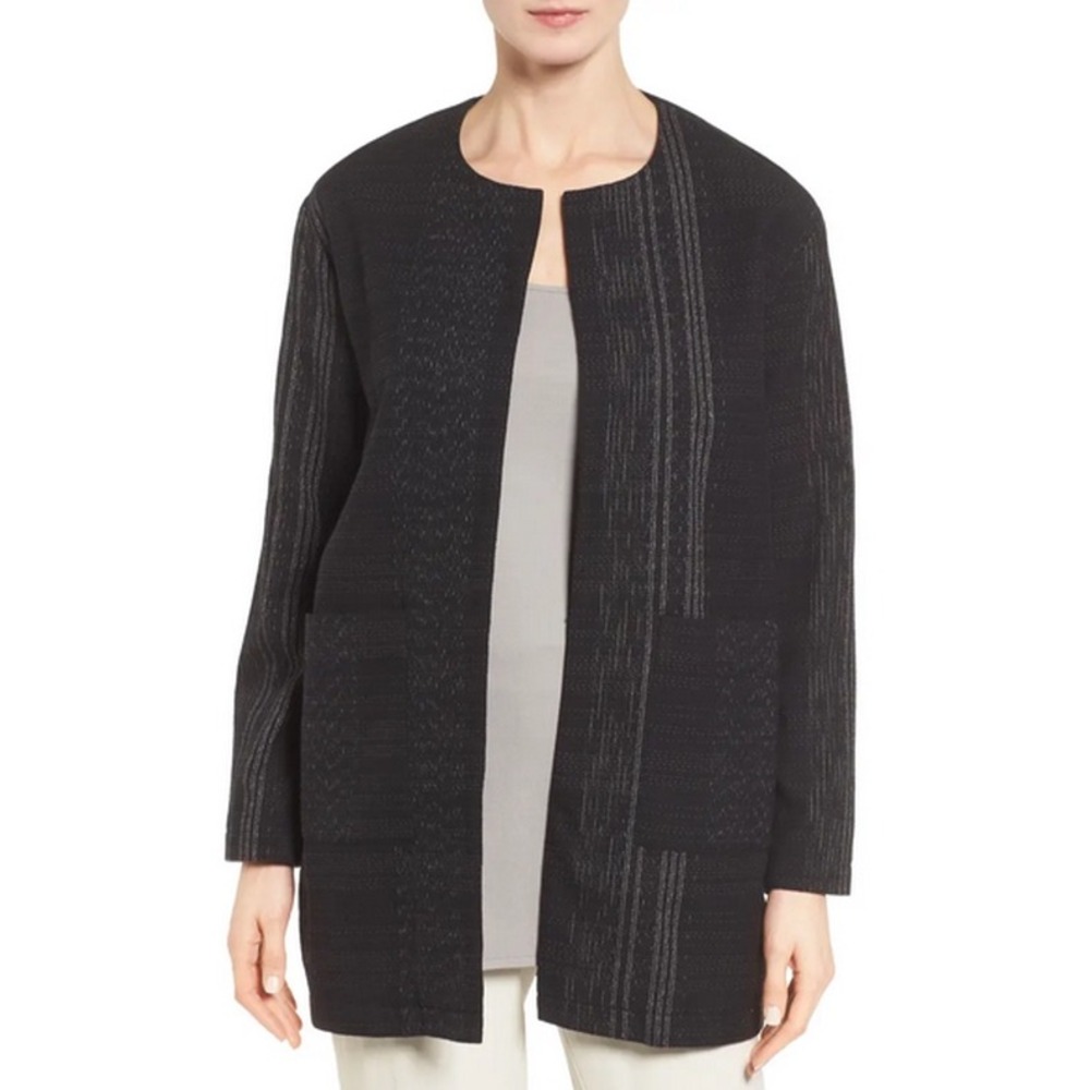 Eileen Fisher Koshi Crossings Organic Open Front Long Jacket Womens XL Black